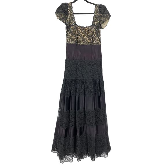 Vintage 50s Formal Dress Womens XS/S Black Satin + Lace Drop Waist Gown *AS  IS - threedaughtersproperties.com